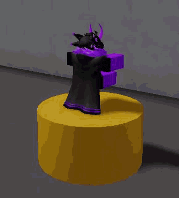 a 3d rendering of a person wearing a black and purple outfit standing on a yellow cylinder .
