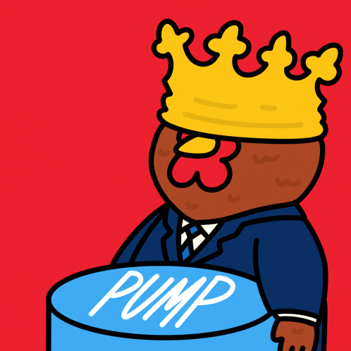 a cartoon of a chicken wearing a crown and holding a blue cylinder with the word pump on it