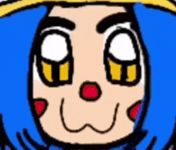 a close up of a cartoon character 's face with a blue cape and a yellow hat .
