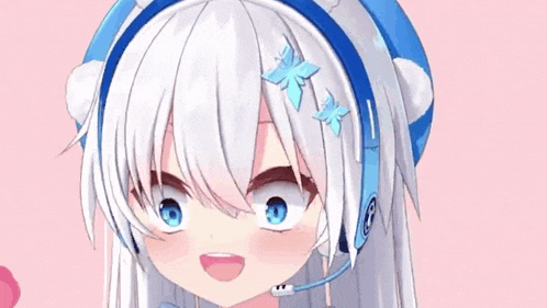 a close up of a white haired anime girl wearing headphones and a blue hat .