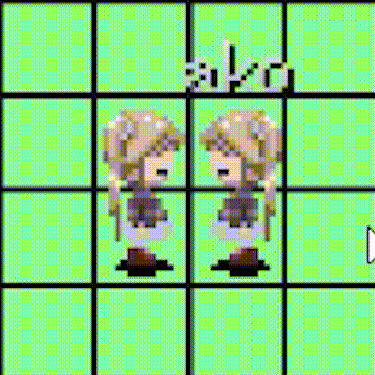 a pixel art of two girls standing next to each other on a green screen .