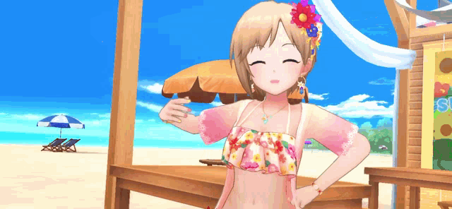 a girl in a bikini is standing on the beach