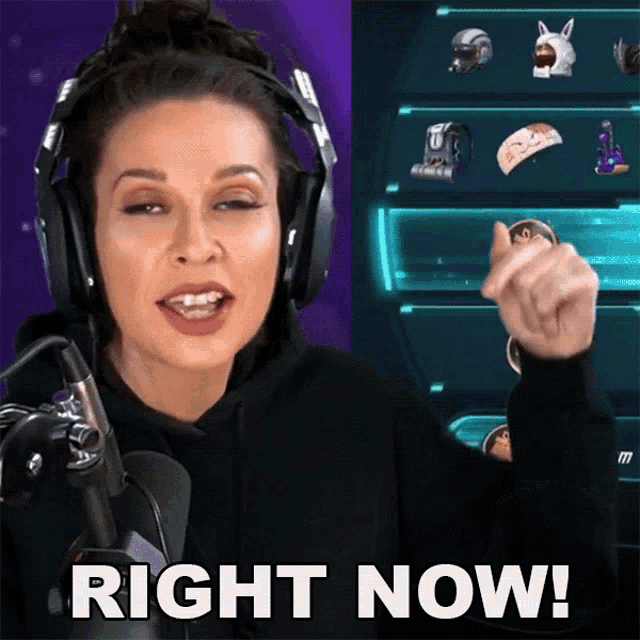 a woman wearing headphones says right now in front of a video game screen