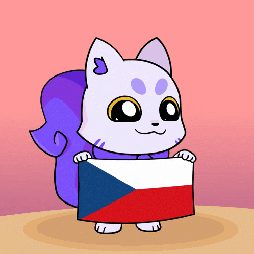 a cartoon cat with a purple tail is holding a flag