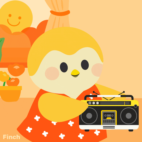 an illustration of a bird holding a boombox with the word finch on the bottom right