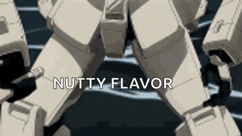 a robot with the words `` nutty flavor '' written on it 's feet .