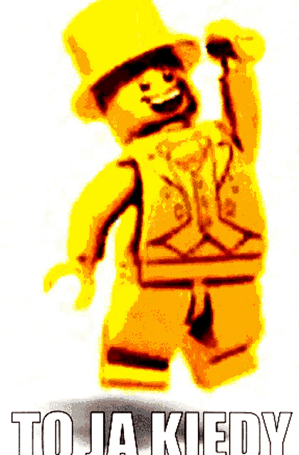 a lego man in a top hat is jumping in the air with the words to ja kiedy below him