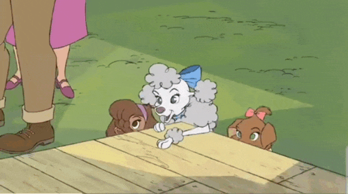 a cartoon drawing of a poodle with a blue bow on her head