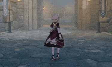 a girl in a maid outfit stands in front of a stone building