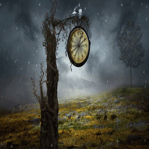 a clock is hanging from a tree in a field with a bird sitting on top