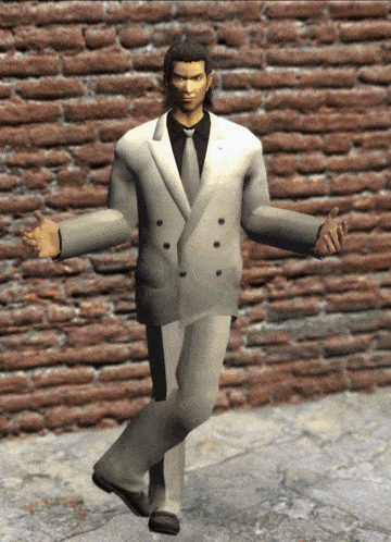 a man in a white suit is standing in front of a brick wall with his arms outstretched