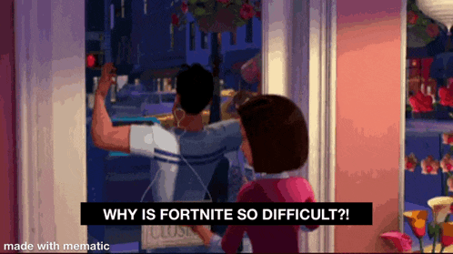 a cartoon of a man and woman looking out a window with the caption why is fortnite so difficult made with mematic