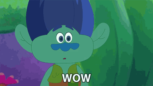 a troll with blue hair and a mustache says " just wow "