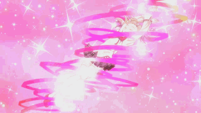 a girl is surrounded by pink ribbons in a cartoon