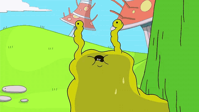 a cartoon of a yellow monster with big eyes standing next to a green tree