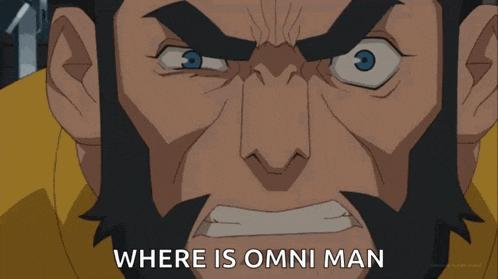 two blue cartoon characters are standing next to each other with the words where is omni man above them