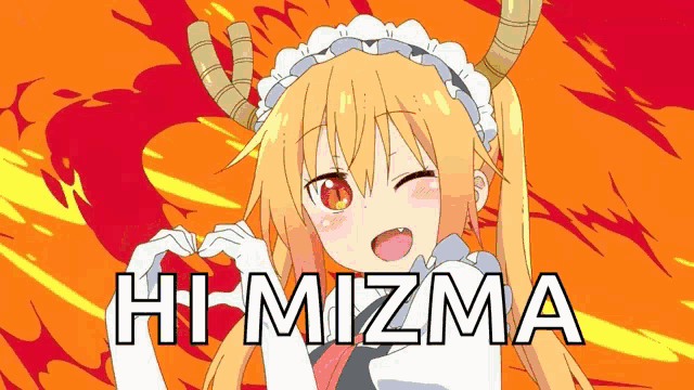 a maid with horns is making a heart shape with her hands and the word hi-mizma is written below her