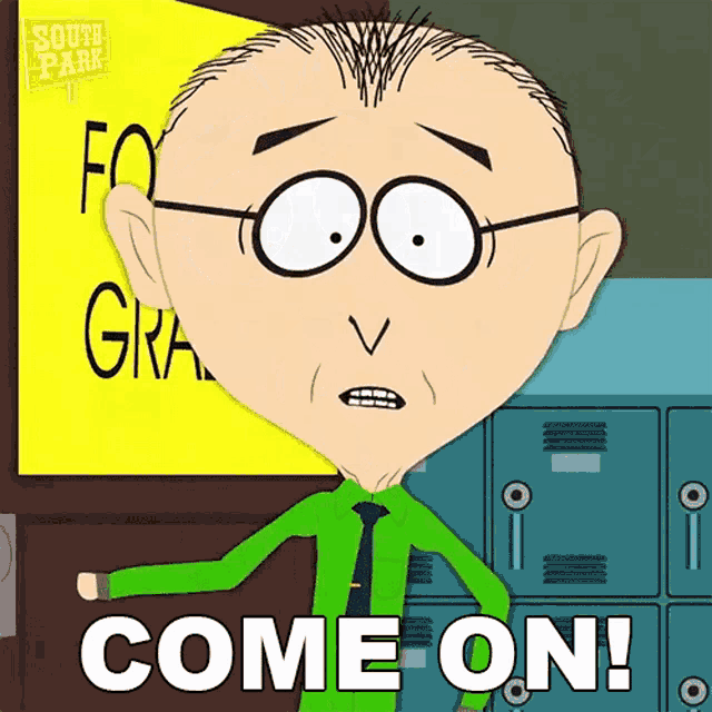 a cartoon character from south park is standing in front of lockers and says come on