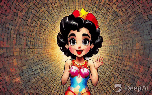 a cartoon girl is wearing a swimsuit and a red hat and waving .