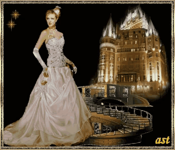 a woman in a wedding dress is standing in front of a castle with the word ast on the bottom
