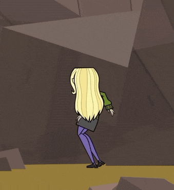 a cartoon character with blonde hair and purple pants is standing on one leg