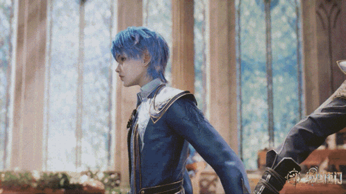 a man with blue hair is standing next to another man in a blue suit