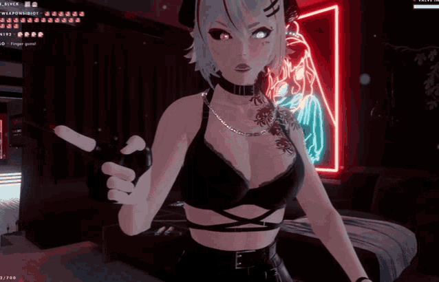 a girl with a tattoo on her arm is standing in front of a neon sign that says ' weaponwarrior '