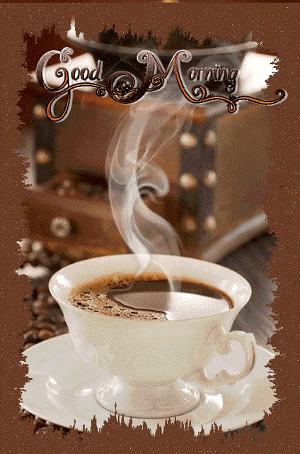 a cup of coffee with steam coming out of it and the words " good morning " on the bottom