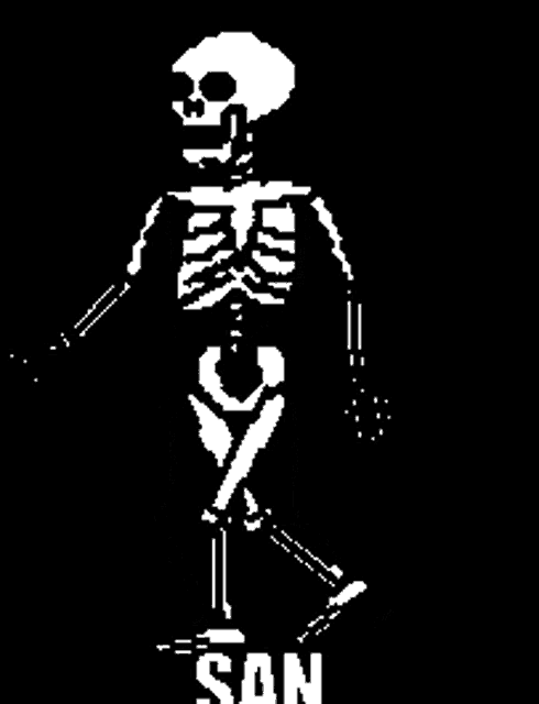 a pixel art of a skeleton walking in the dark with the word san below it .