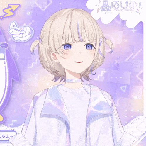 a girl with white hair and blue eyes is standing in front of a purple background with a sticker that says ' n '