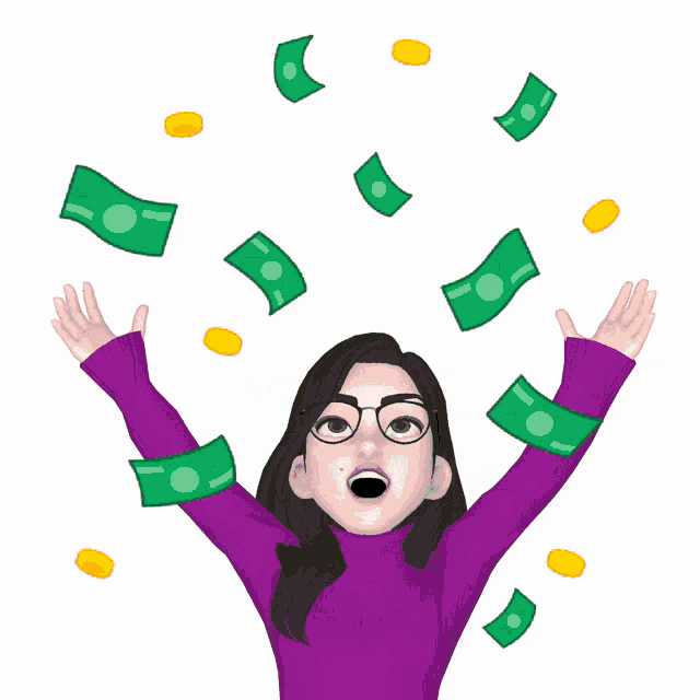 a woman in a purple sweater is surrounded by green money and gold coins