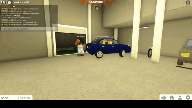 a blue car is parked in a garage with a red starving sign in the corner