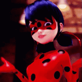 a ladybug from miraculous ladybug is wearing a red and black costume with black polka dots .