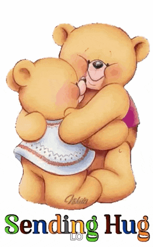two teddy bears hugging each other with the words sending hug written below them