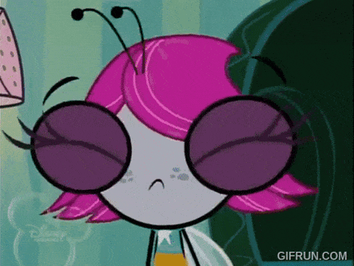a cartoon character with pink hair and purple glasses says gifrun.com on the bottom