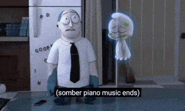 a cartoon character says somber piano music ends in front of a refrigerator