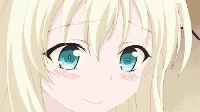 a girl with blonde hair and blue eyes is looking at the camera