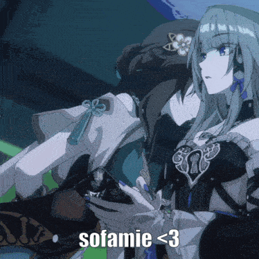a couple of anime characters are standing next to each other with the caption sofamie < 3