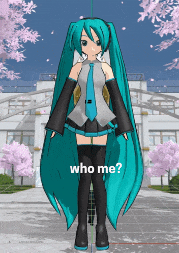 hatsune miku is standing in front of a building with cherry blossoms in the background and the question who me