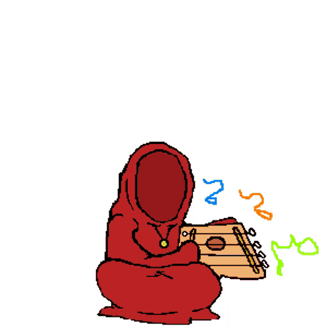 a cartoon drawing of a person in a red hood playing a musical instrument