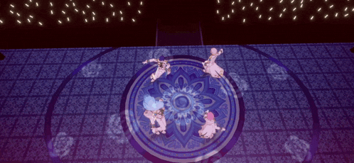 a group of people are dancing in a circle