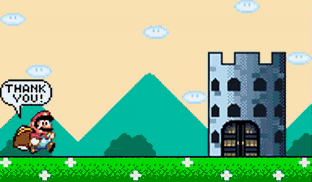 a video game scene with a castle and a speech bubble that says thank you