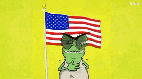 a cartoon frog is holding his chest in front of an american flag on a pole .
