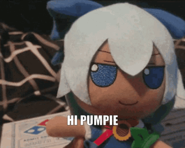 a stuffed doll says hi pumpie on the front of it
