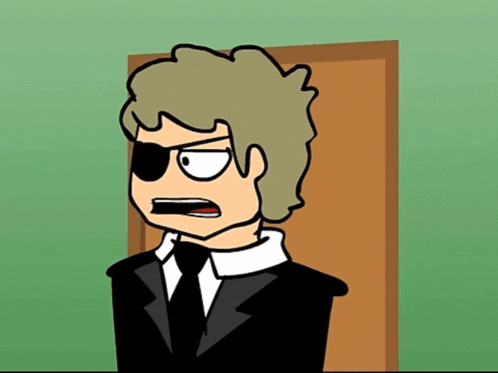 a cartoon of a man in a suit and tie with an eye patch