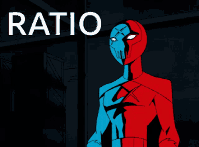 a red and blue superhero stands in front of a sign that says ratio