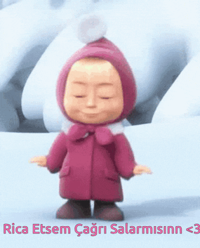 a cartoon character is standing in the snow with the words rica etsem cagr salamisin < 3 below her