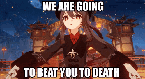 a video game character is standing in front of a building with the words `` we are going to beat you to death '' written above her .