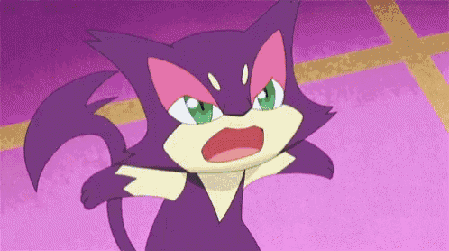 a purple and white cat with green eyes is standing on a purple floor .