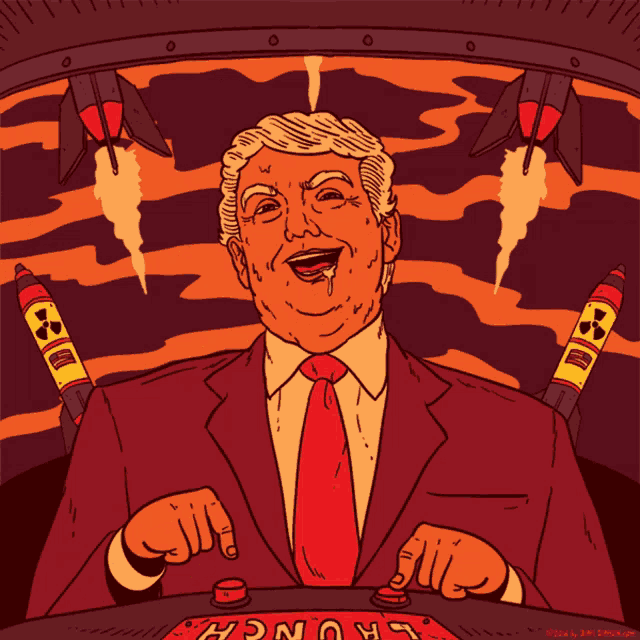a cartoon drawing of donald trump pressing a button with the word launch on it